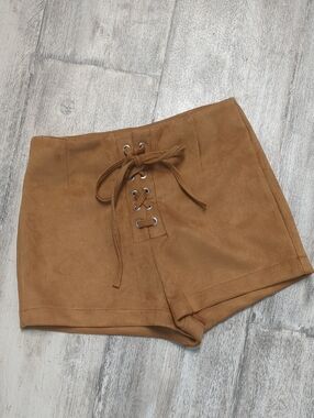 Forever 21 Tan High-Waist Lace-Up Suede-Look Shorts Size Small